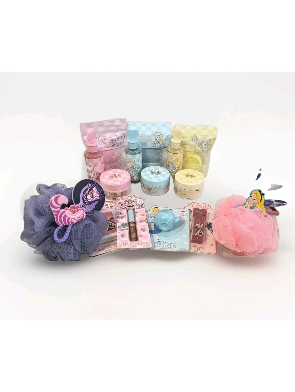New 15 Pc Lot Disney Alice In Wonderland Bath Set Bombs Salt Scrub Lip Gloss